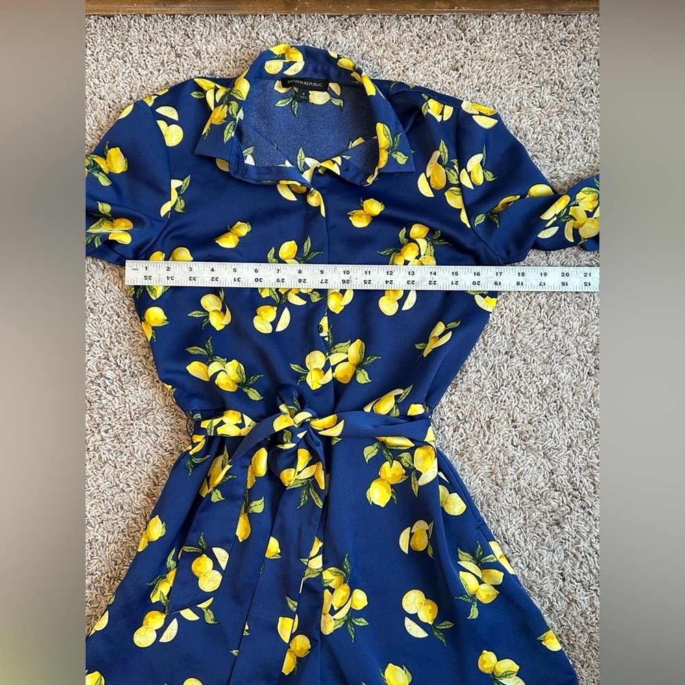 Banana Republic Navy Blue with Lemons Print Ruffle Shorts Tie Belt Romper Sz 4 - Picture 13 of 14